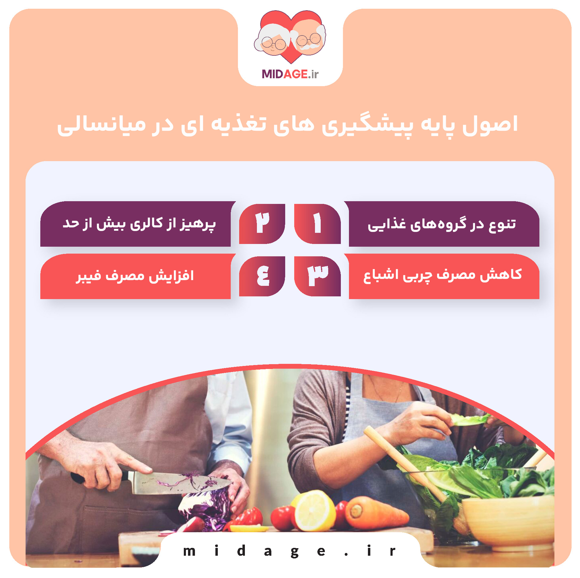 پیشگیری های تغذیه ای در میانسالی: کلید سلامت و کیفیت زندگی پایدار اصول پایه پیشگیری های تغذیه ای در میانسالی