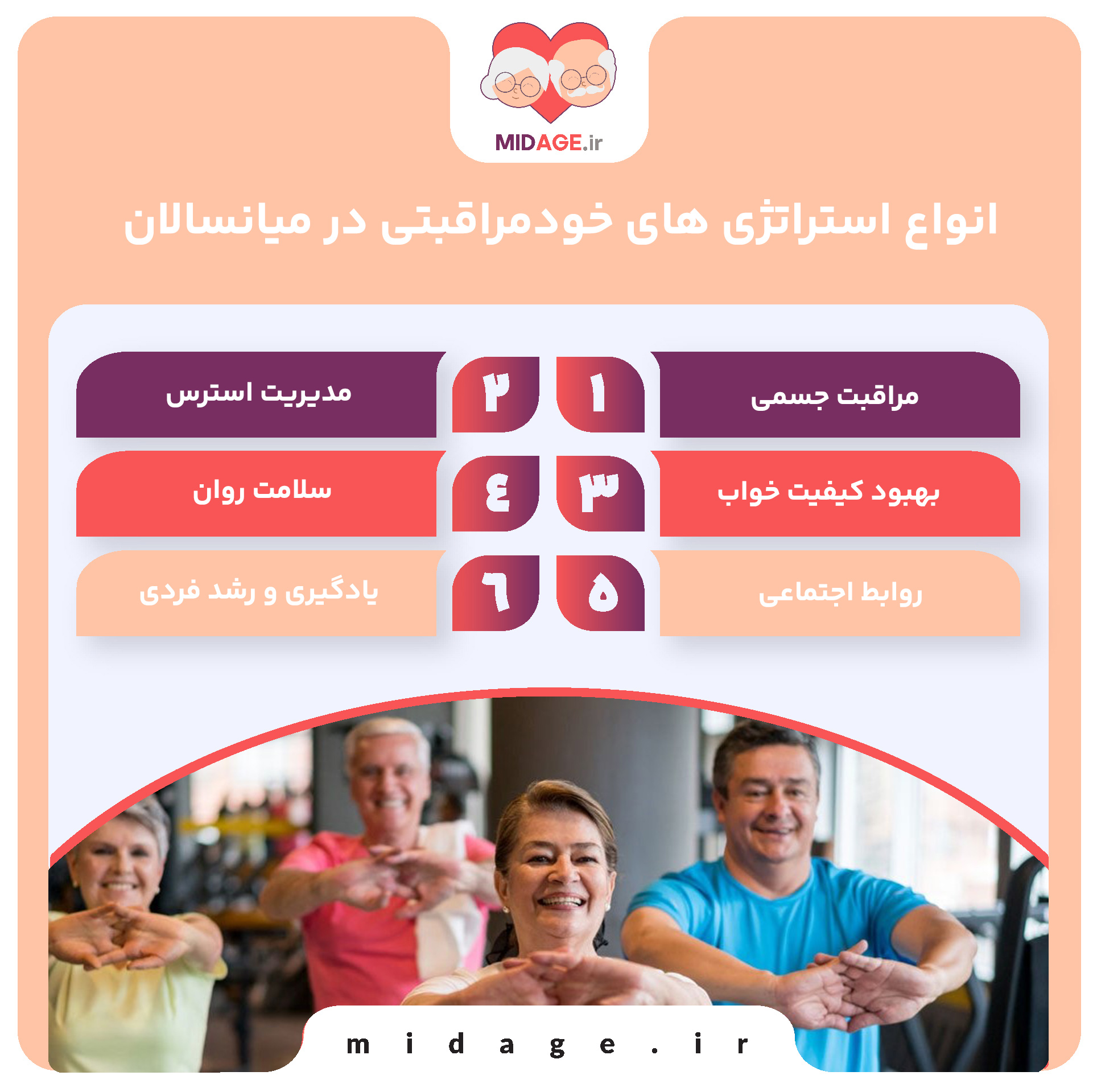 استراتژی های خودمراقبتی در میانسالان، کلید حفظ سلامت جسمی و روانی در دوران میانسالی انواع استراتژی های خودمراقبتی در میانسالان